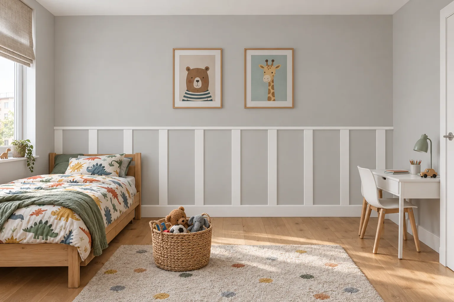 Listwy Elegant w równych odstępach z wieńcem Plano XL i listwą dolną Prima 12 cm; listwy w bieli (Biała Premium), między nimi jasnoszara ściana; wysokość 114 cm, w pokoju dziecka.