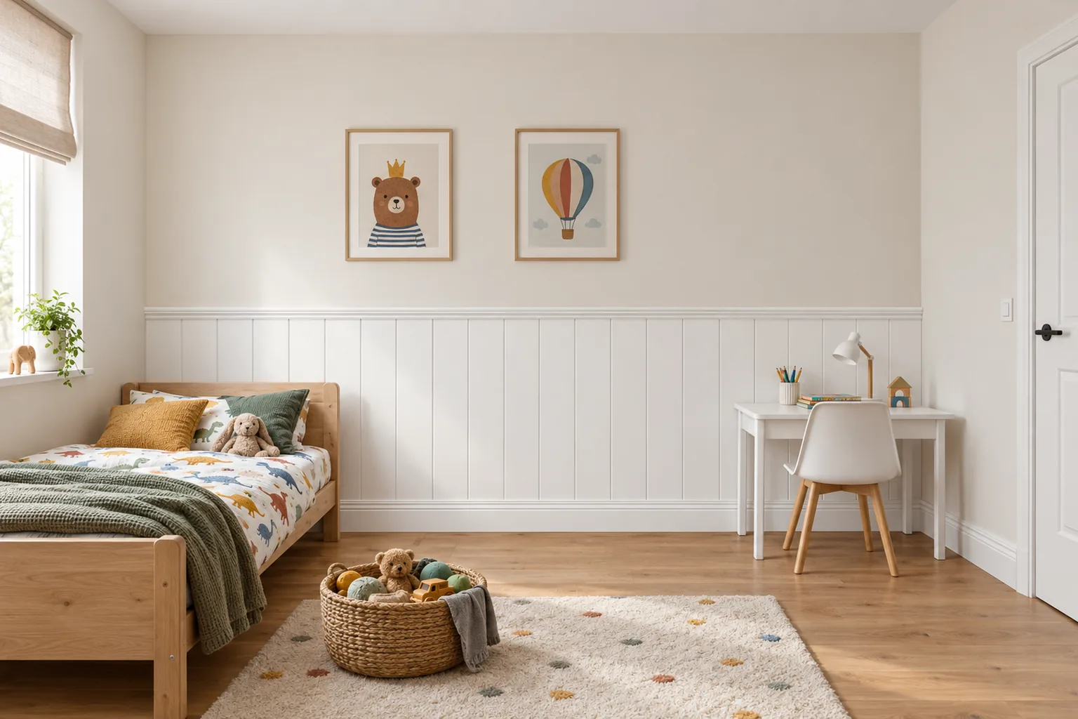 Listwy Elegant XL jedna przy drugiej z wieńcem Linea i listwą dolną Alexa; całość pomalowana na biel RAL 9016; wysokość 118 cm, w pokoju dziecka.