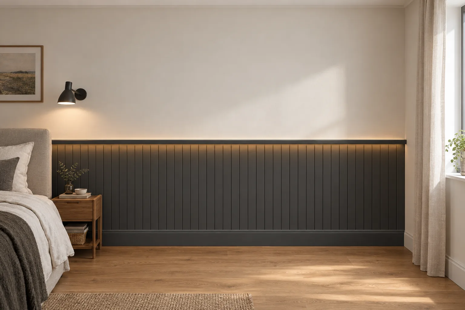 Listwy Elegant jedna przy drugiej z wieńcem Plano LED i listwą dolną Estilo 12 cm; całość pomalowana na grafit (RAL 7021); wysokość 114 cm, w sypialni.