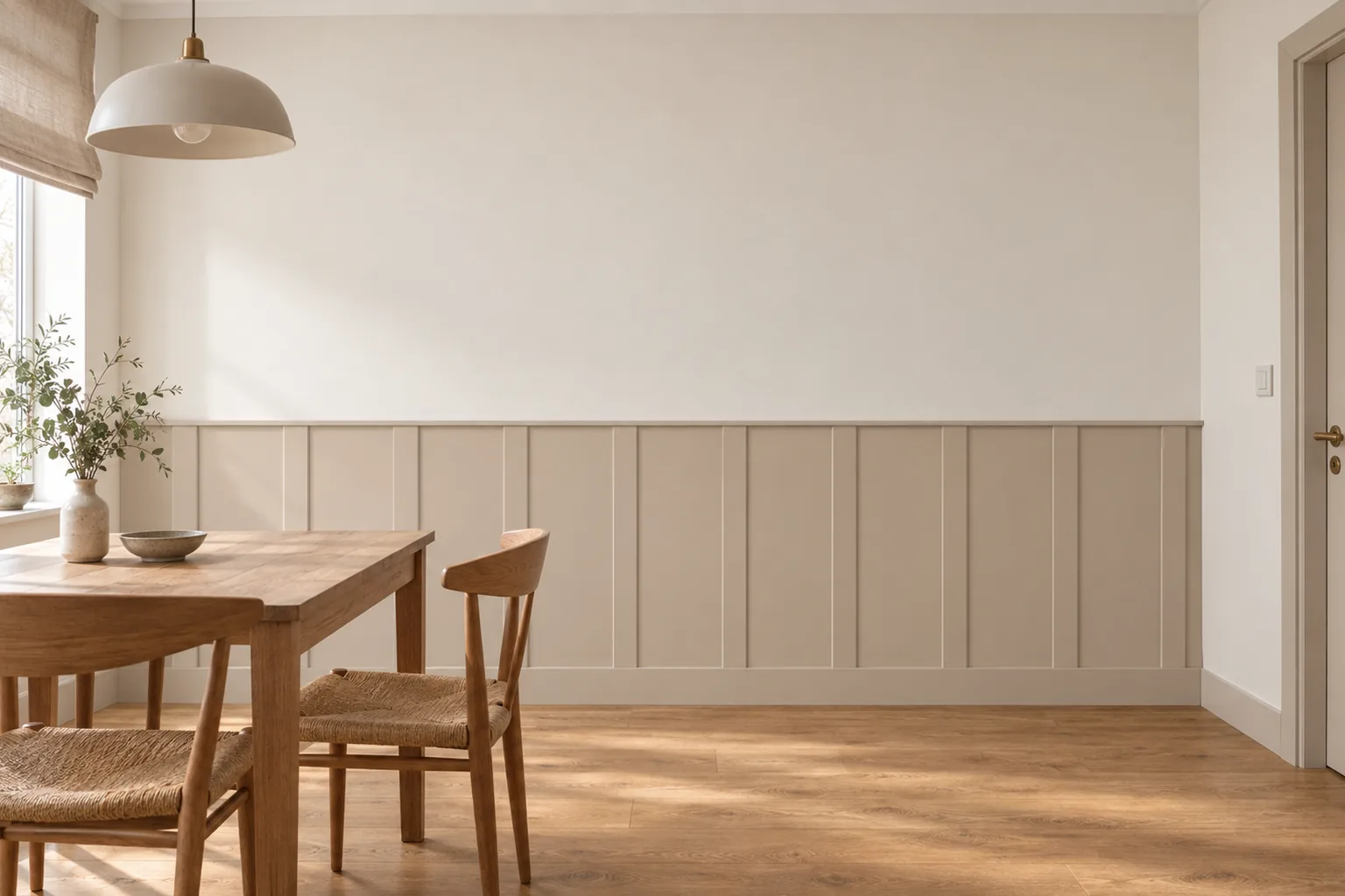 Listwy Elegant w równych odstępach z wieńcem Plano i listwą dolną Prima 12 cm; całość pomalowana na cappuccino (NCS S 2005-Y50R); wysokość 113 cm, w jadalni.