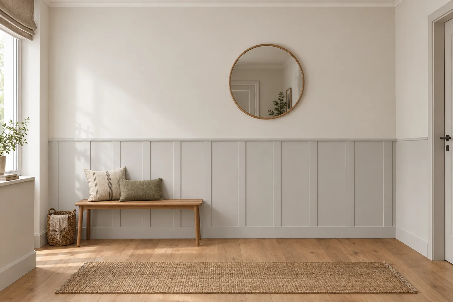 Listwy Elegant w równych odstępach z wieńcem Plano i listwą dolną Prima 12 cm; całość pomalowana na szary RAL 7047; wysokość 113 cm, w przedpokoju.