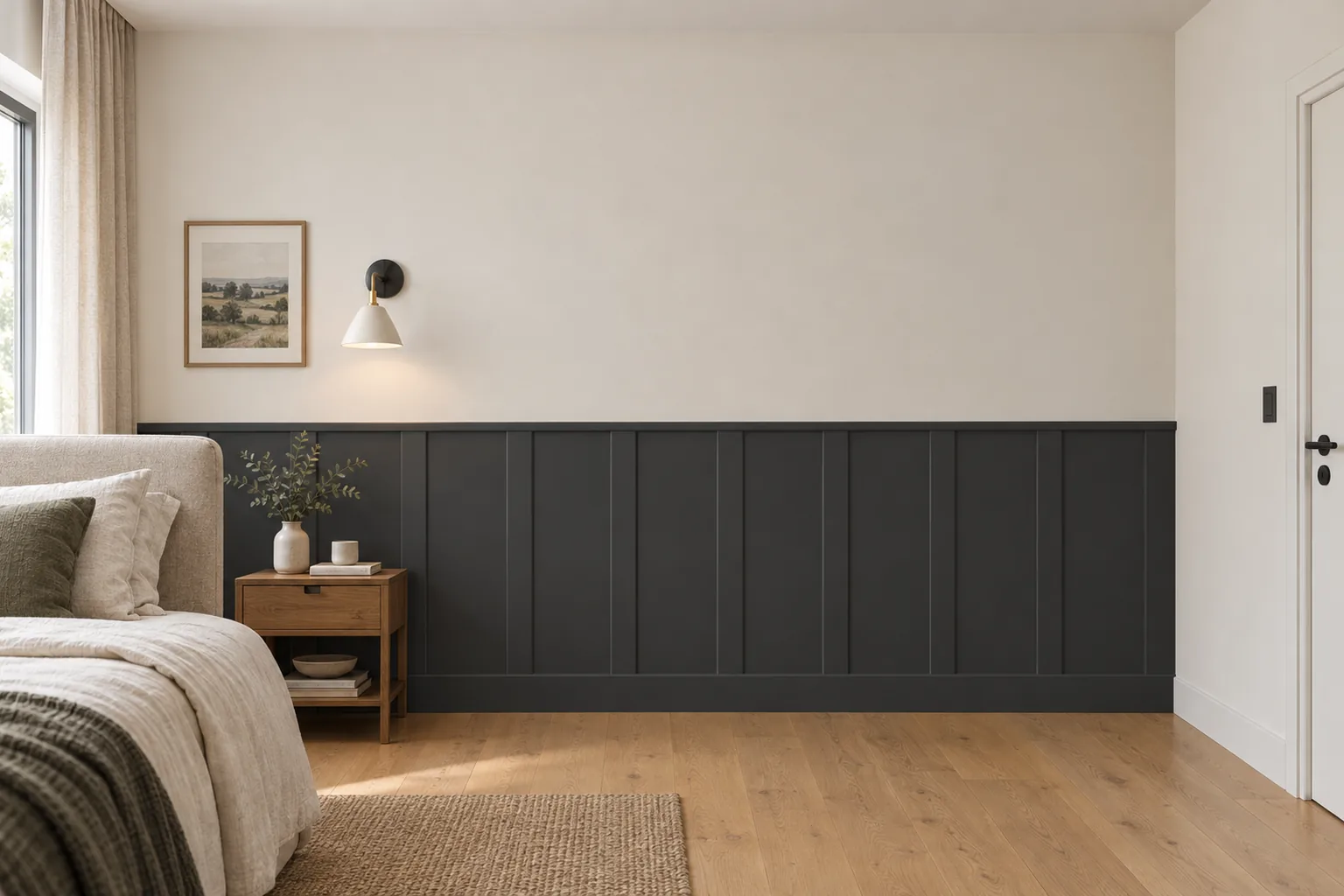 Listwy Elegant w równych odstępach z wieńcem Plano XL i listwą dolną Prima 12 cm; całość pomalowana na grafit (RAL 7021); wysokość 114 cm, w sypialni.