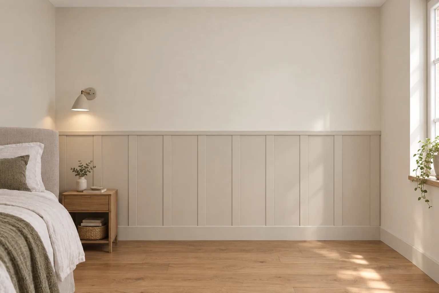 Listwy Elegant w równych odstępach z wieńcem Plano XL i listwą dolną Prima 12 cm; całość pomalowana na kaszmir (NCS S 1502-Y50R); wysokość 114 cm, w sypialni.