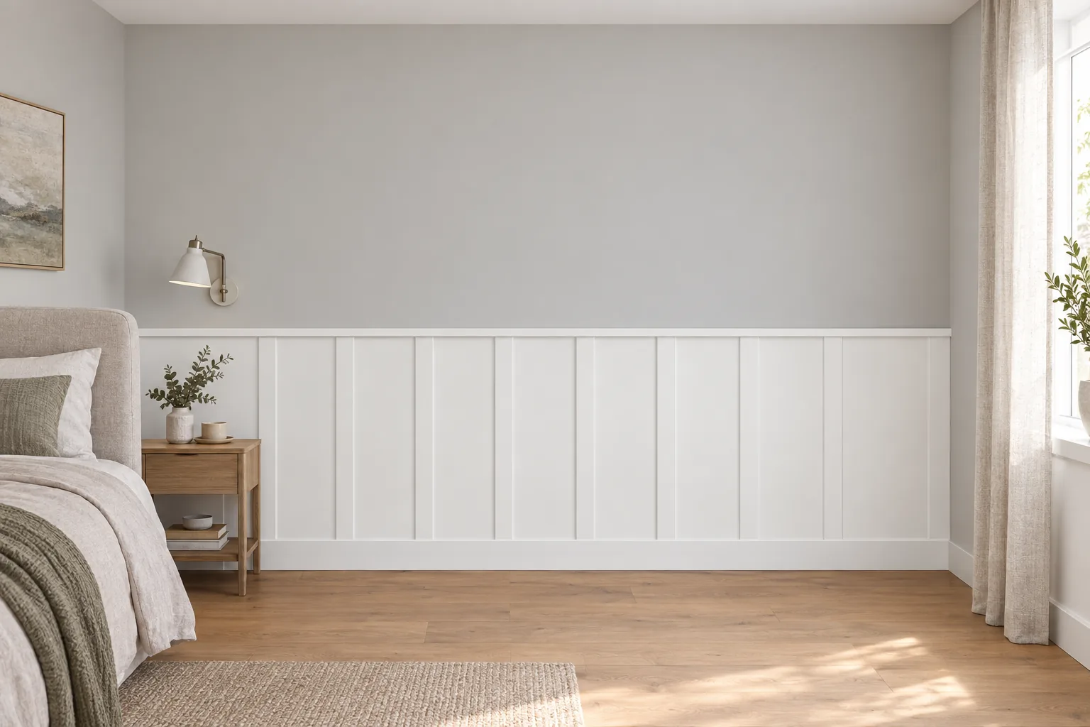Listwy Elegant w równych odstępach z wieńcem Plano XL i listwą dolną Prima 12 cm; całość pomalowana na biel RAL 9016; wysokość 114 cm, w sypialni.