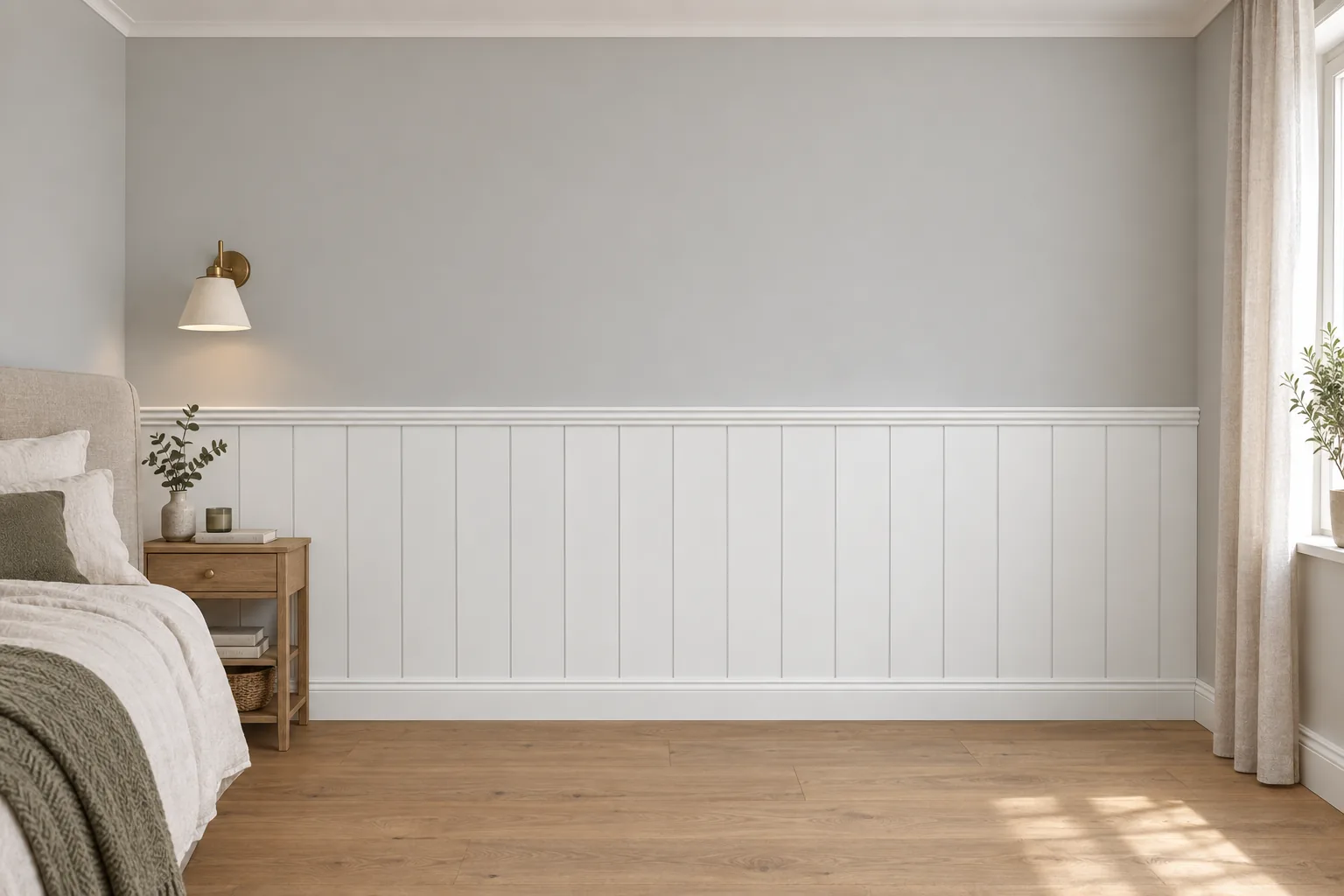 Listwy Elegant XL jedna przy drugiej z wieńcem Linea i listwą dolną Alexa; całość w bieli (Biała Premium); wysokość 118 cm, w sypialni.