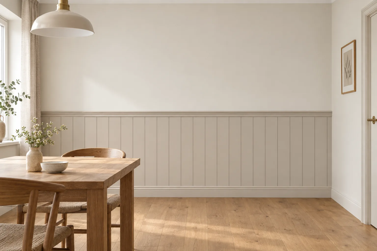 Listwy Elegant XL jedna przy drugiej z wieńcem Linea i listwą dolną Alexa; całość pomalowana na kaszmir (NCS S 1502-Y50R); wysokość 118 cm, w jadalni.