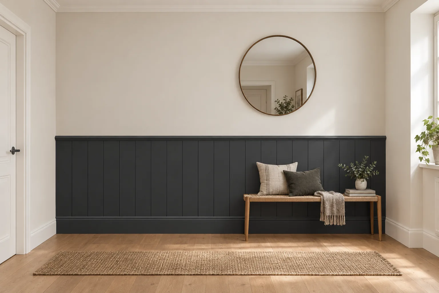 Listwy Elegant XL jedna przy drugiej z wieńcem Lumo i listwą dolną Estilo 15 cm; całość pomalowana na grafit (RAL 7021); wysokość 118 cm, w przedpokoju.