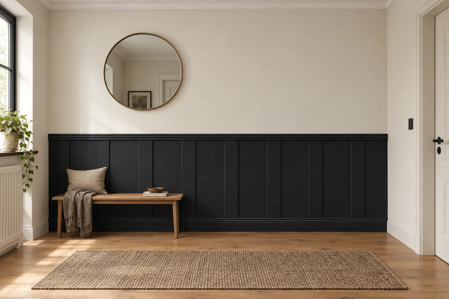 Listwy Elegant XL w równych odstępach z wieńcem Linea i listwą dolną Alexa; całość pomalowana na czerń RAL 9004; wysokość 118 cm, w przedpokoju.