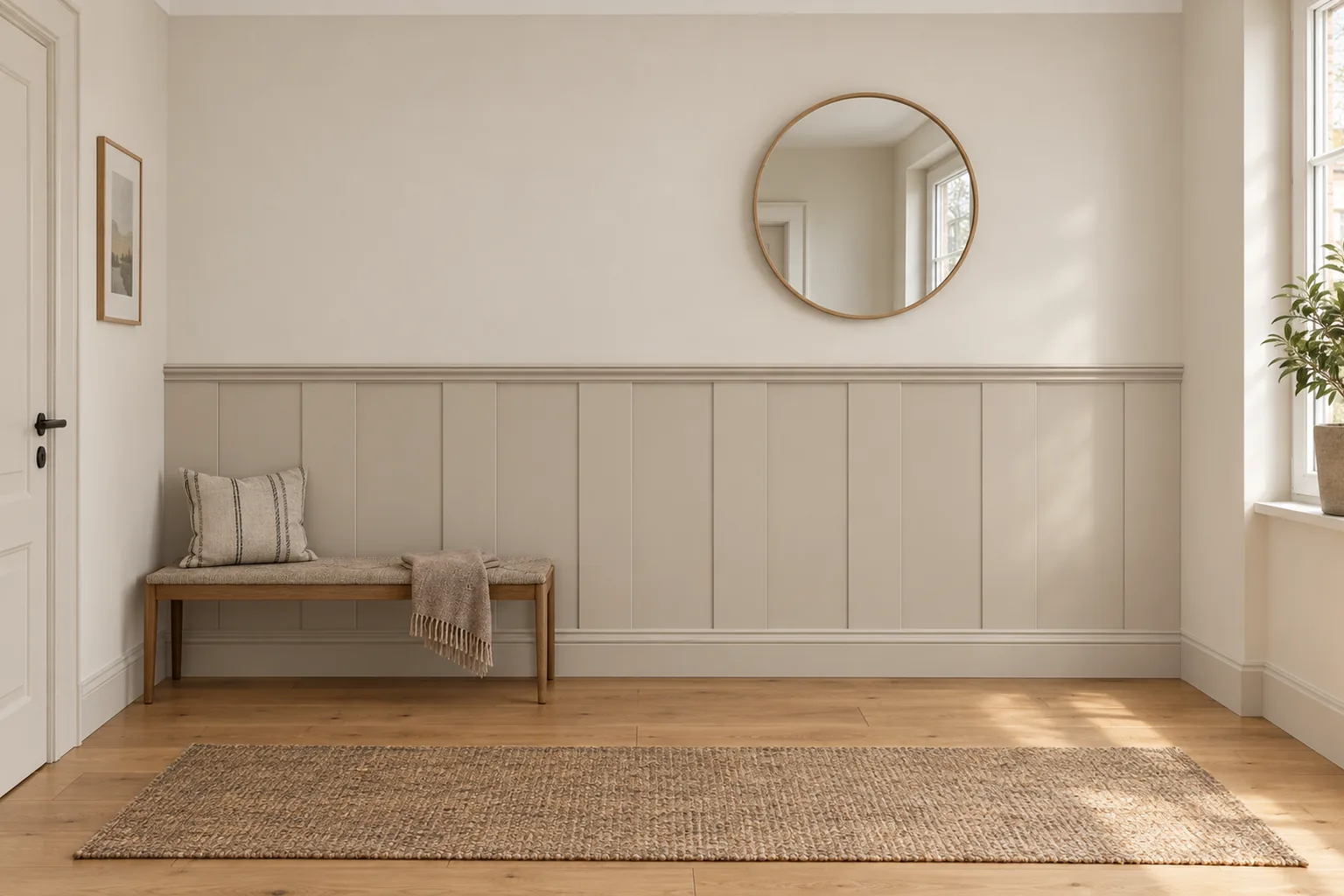 Listwy Elegant XL w równych odstępach z wieńcem Linea i listwą dolną Alexa; całość pomalowana na kaszmir (NCS S 1502-Y50R); wysokość 118 cm, w przedpokoju.