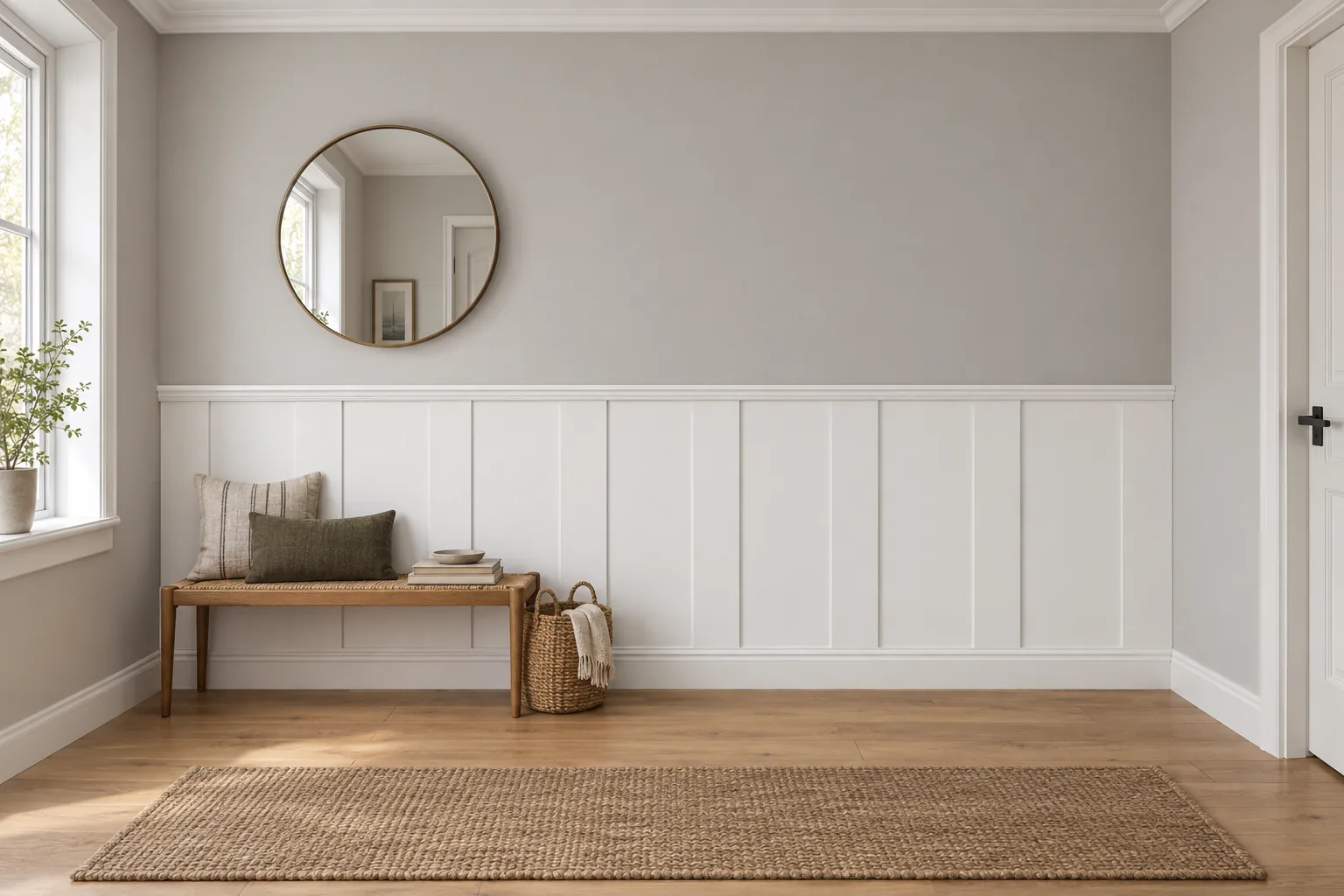 Listwy Elegant XL w równych odstępach z wieńcem Linea i listwą dolną Alexa; całość pomalowana na biel RAL 9003; wysokość 118 cm, w przedpokoju.