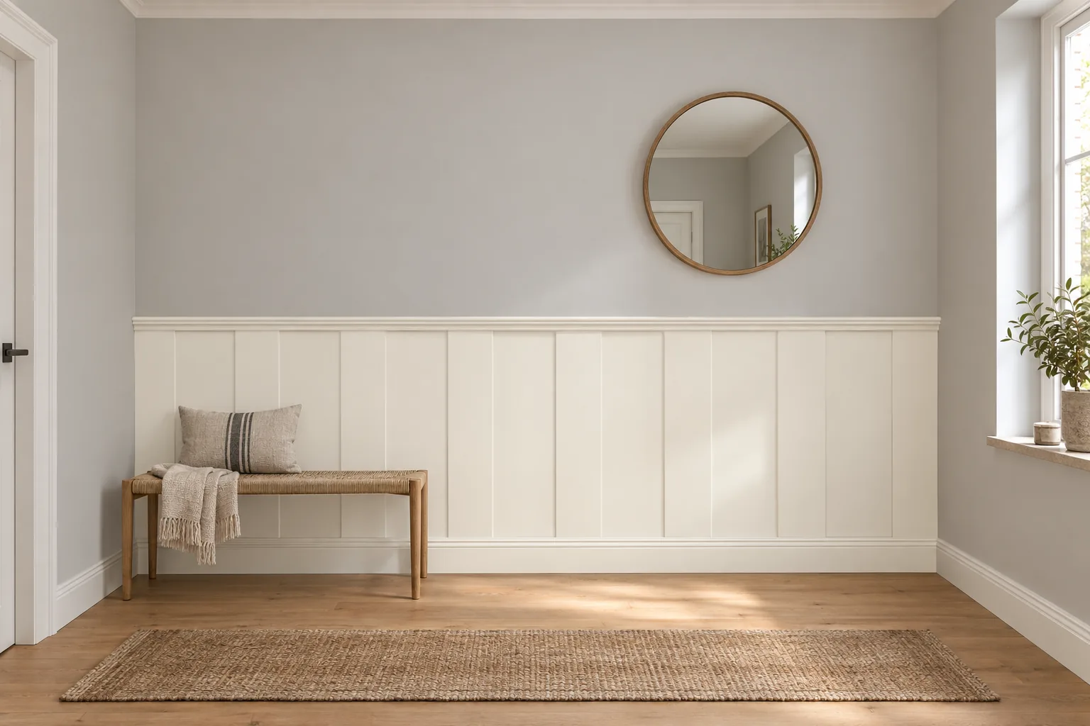 Listwy Elegant XL w równych odstępach z wieńcem Linea i listwą dolną Alexa; całość pomalowana na ciepłą biel RAL 9010; wysokość 118 cm, w przedpokoju.