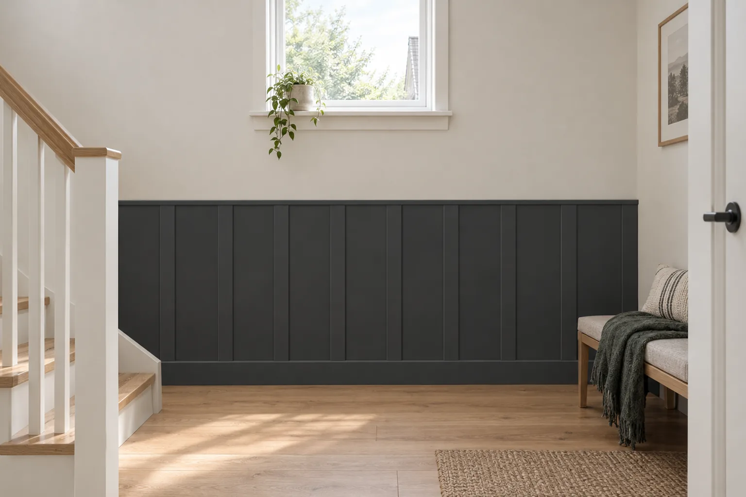 Listwy Elegant w równych odstępach z wieńcem Plano XL i listwą dolną Prima 12 cm; całość pomalowana na grafit (RAL 7021); wysokość 114 cm, na klatce schodowej (prosta ściana półpiętra).