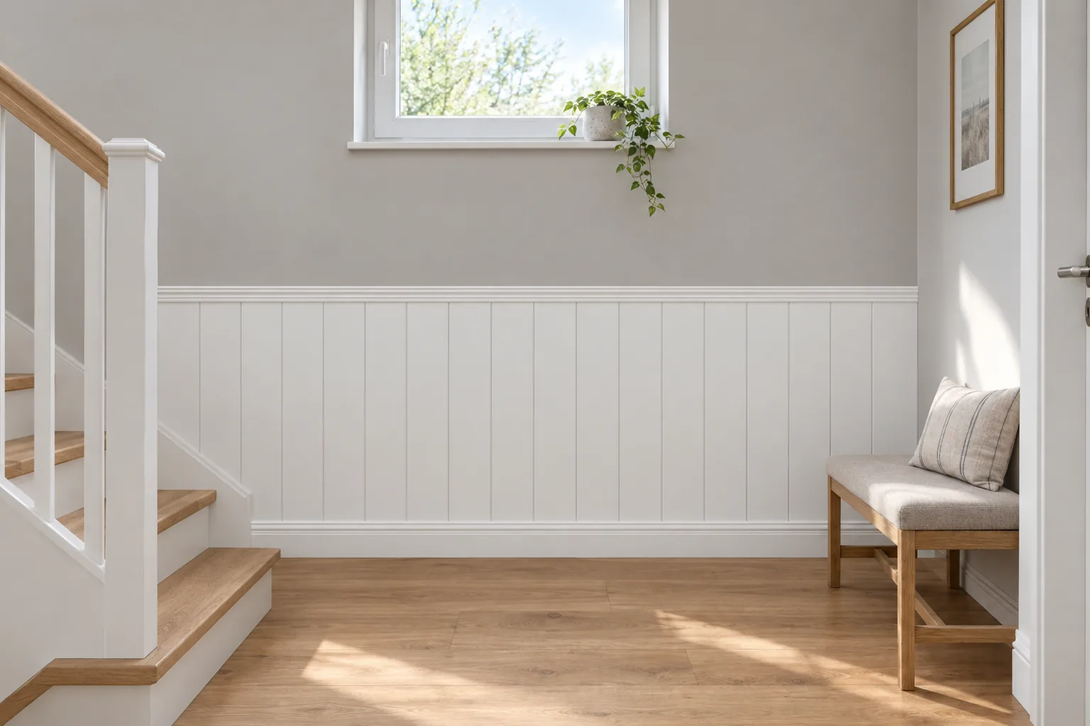 Listwy Elegant XL jedna przy drugiej z wieńcem Linea i listwą dolną Alexa; całość w bieli (Biała Premium); wysokość 118 cm, na klatce schodowej (prosta ściana półpiętra).