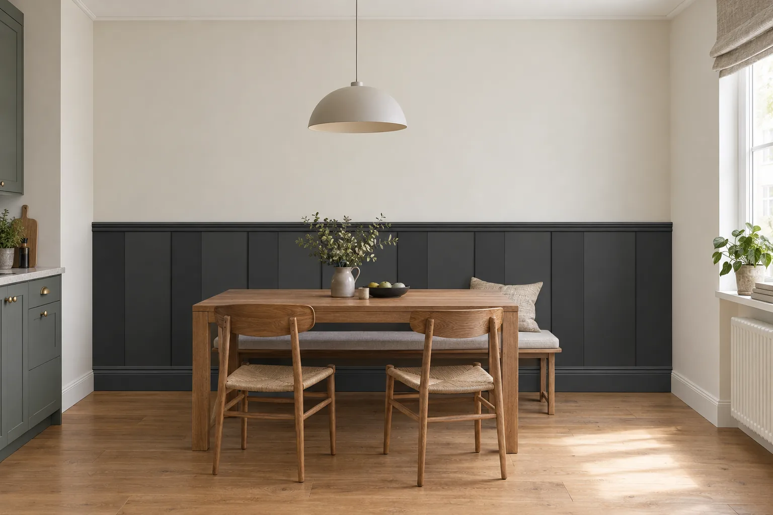 Listwy Elegant XL w równych odstępach z wieńcem Linea i listwą dolną Alexa; całość pomalowana na grafit (RAL 7021); wysokość 118 cm, w kuchni.