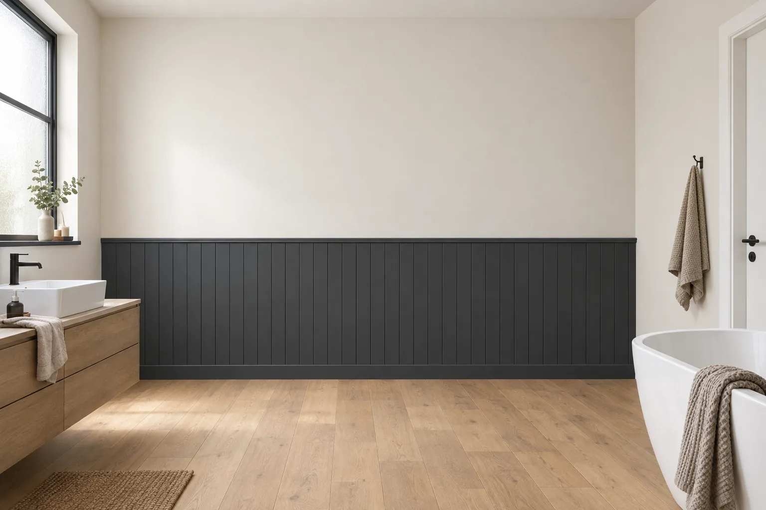 Wodoodporna boazeria Mardom BW001 pomalowana na grafit (RAL 7021), ze zwieńczeniem TP004 i listwą dolną MD014, wysokość 110 cm, w łazience.